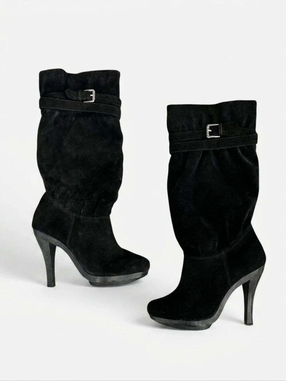 Michael Kors Black Suede Leather Slouchy Mid-Calf Heeled Boots
